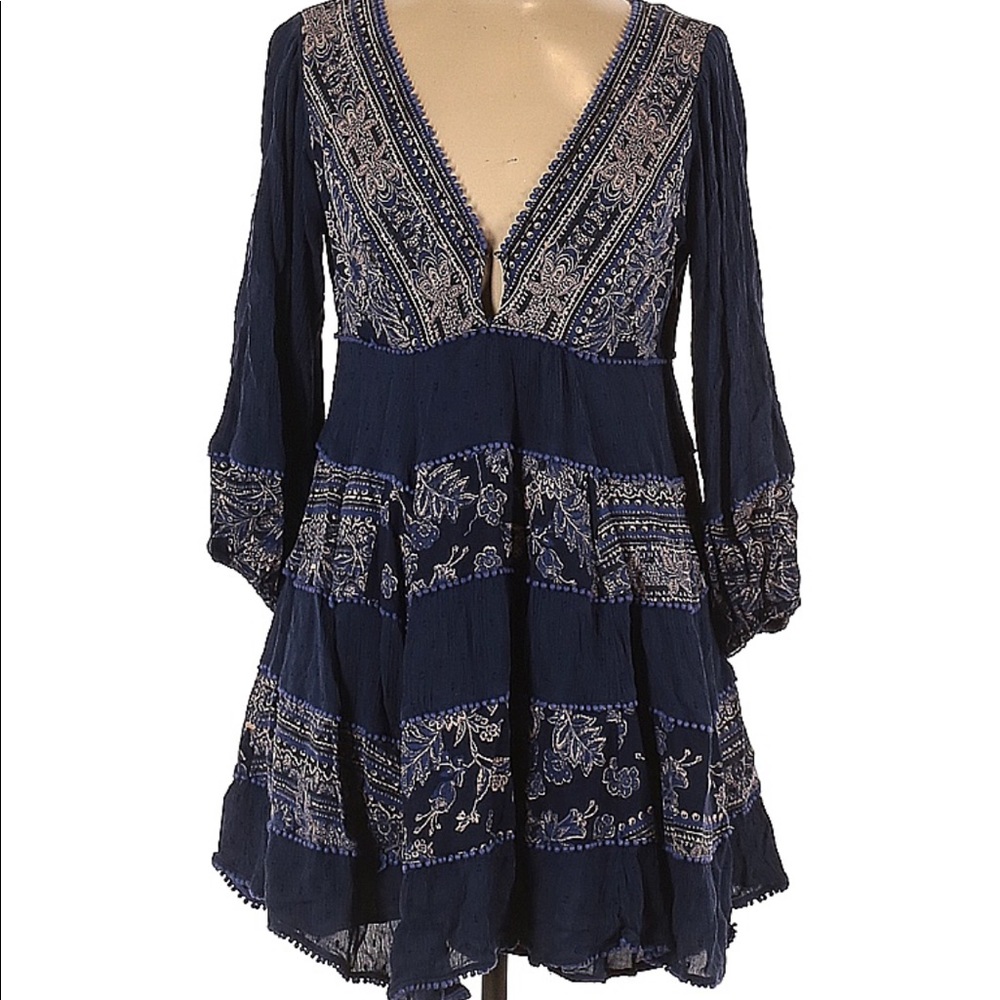 Free People Navy Floral Embroidered V-Neck Tiered Mini Dress